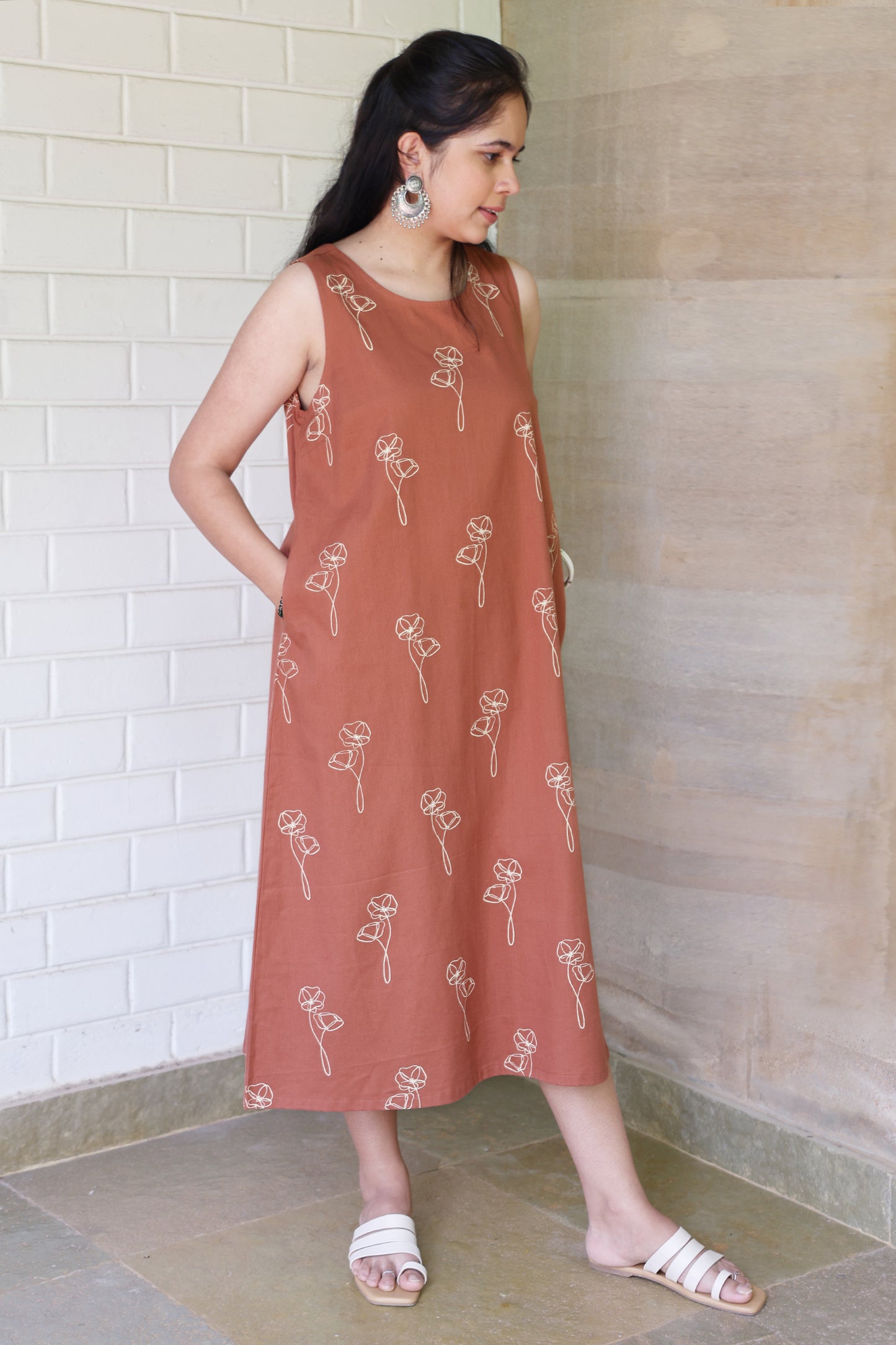 Brown Botanical Printed Sleeveless Maxi Dress