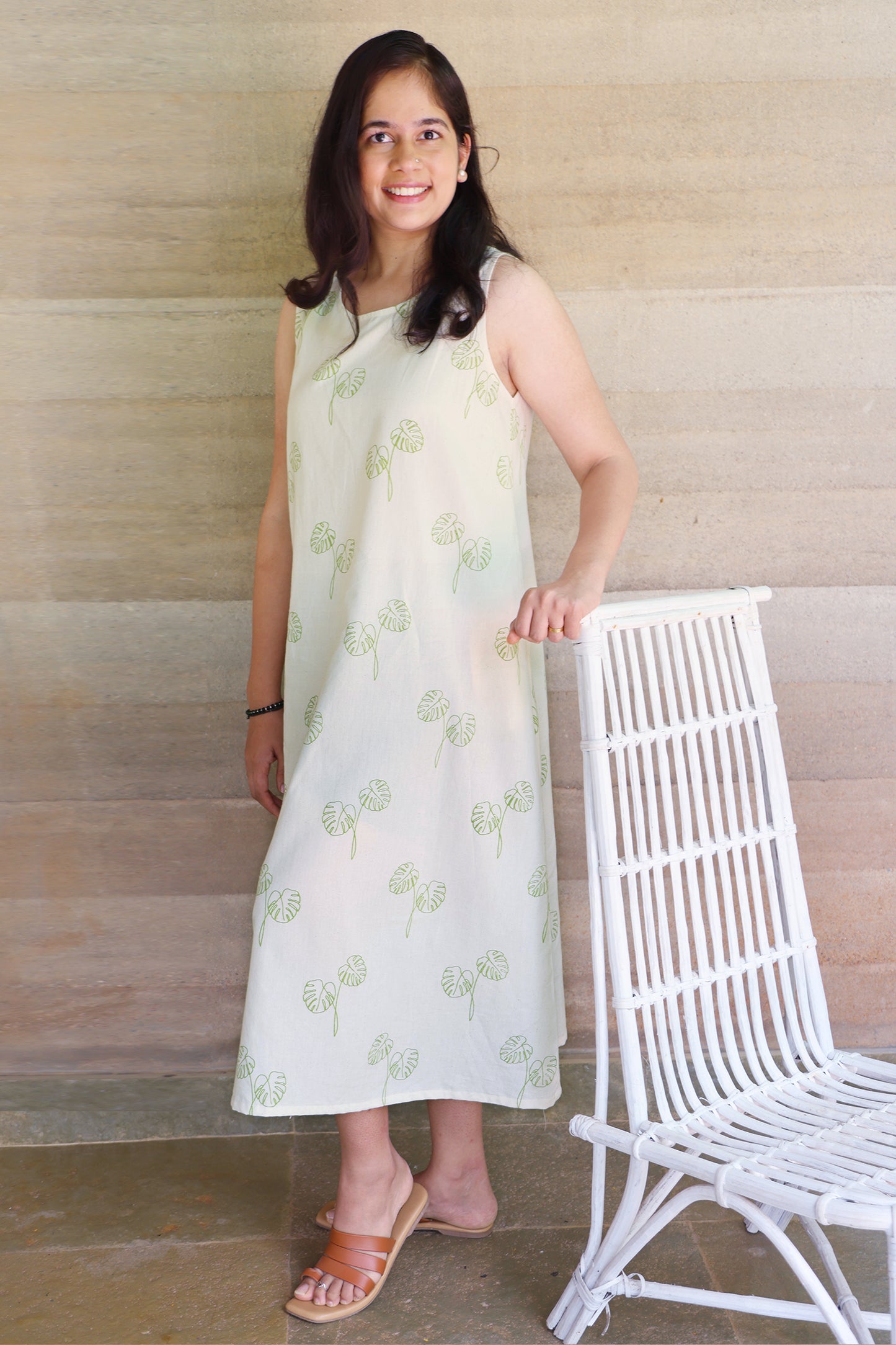 Off-White Botanical Printed Sleeveless Maxi Dress