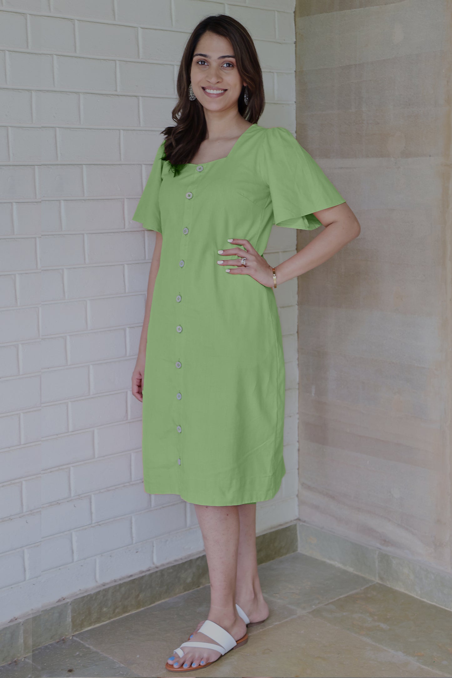 Square Neck A Line Dress in Monotone Solid Sage Green