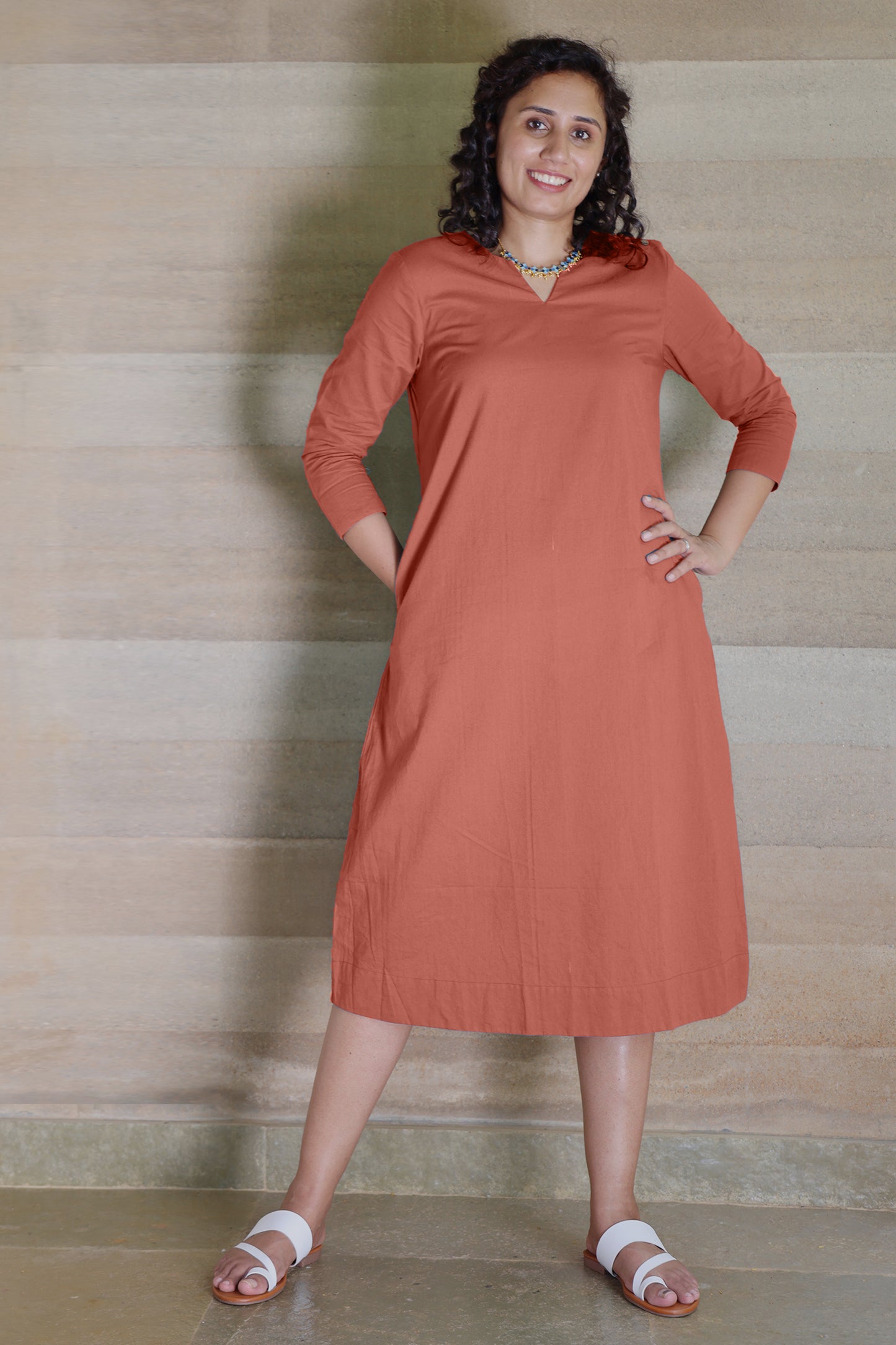 Brown Light Weight Pure Cotton Kurta Midi Dress