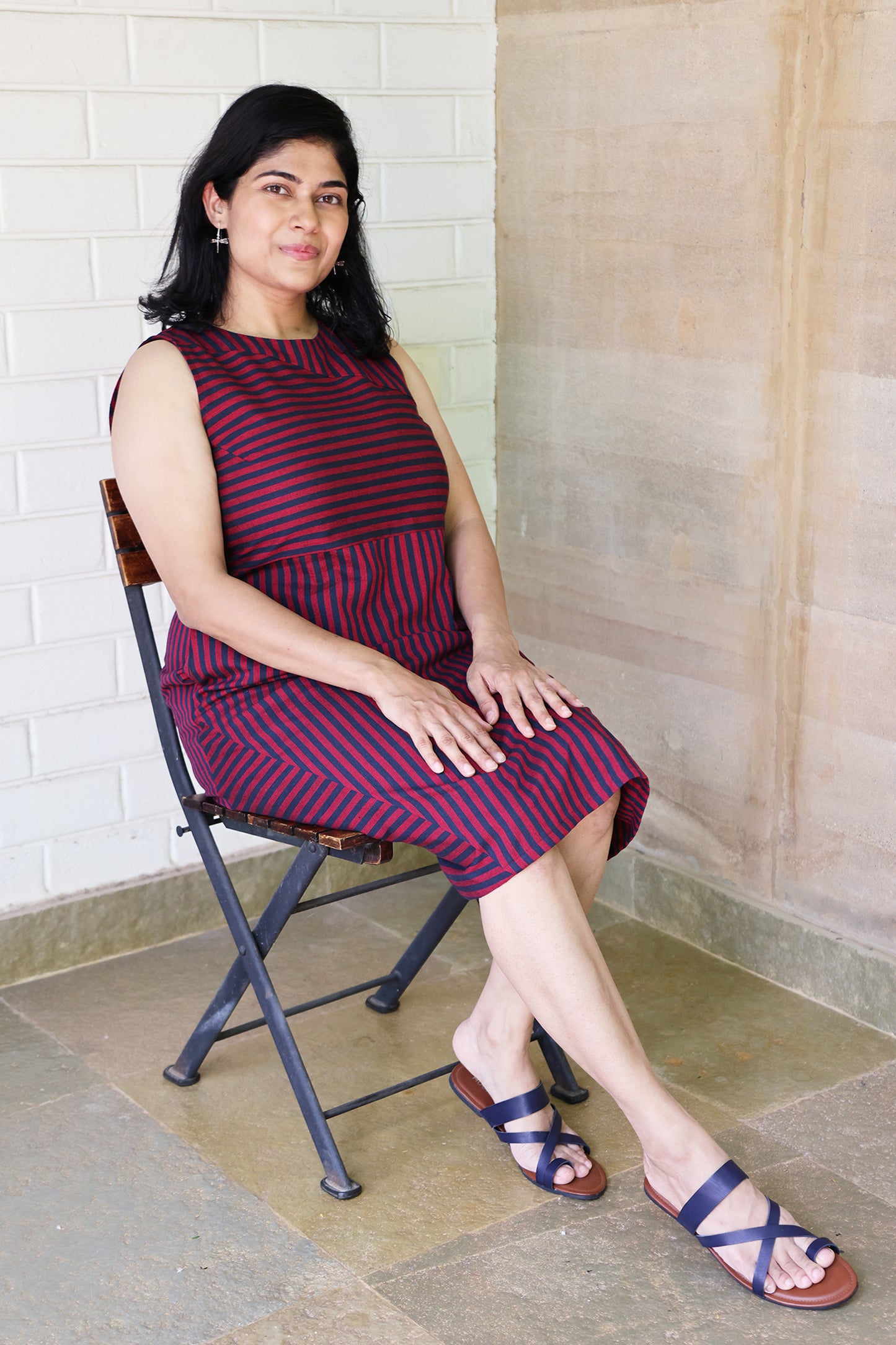 Striped Sleeveless Boat Neck Dress in Navy Blue and Viva Magenta