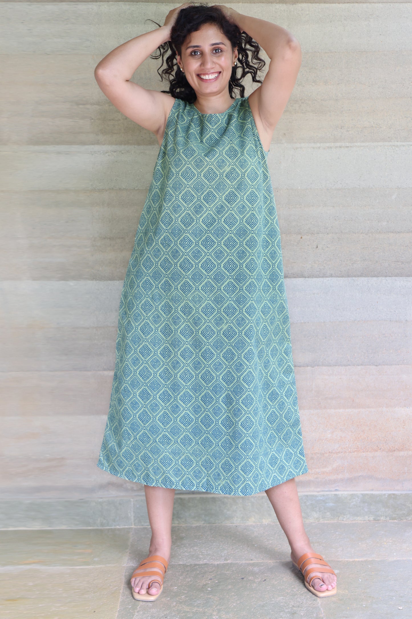 Green and Blue Geometrical Printed Sleeveless Maxi Dress