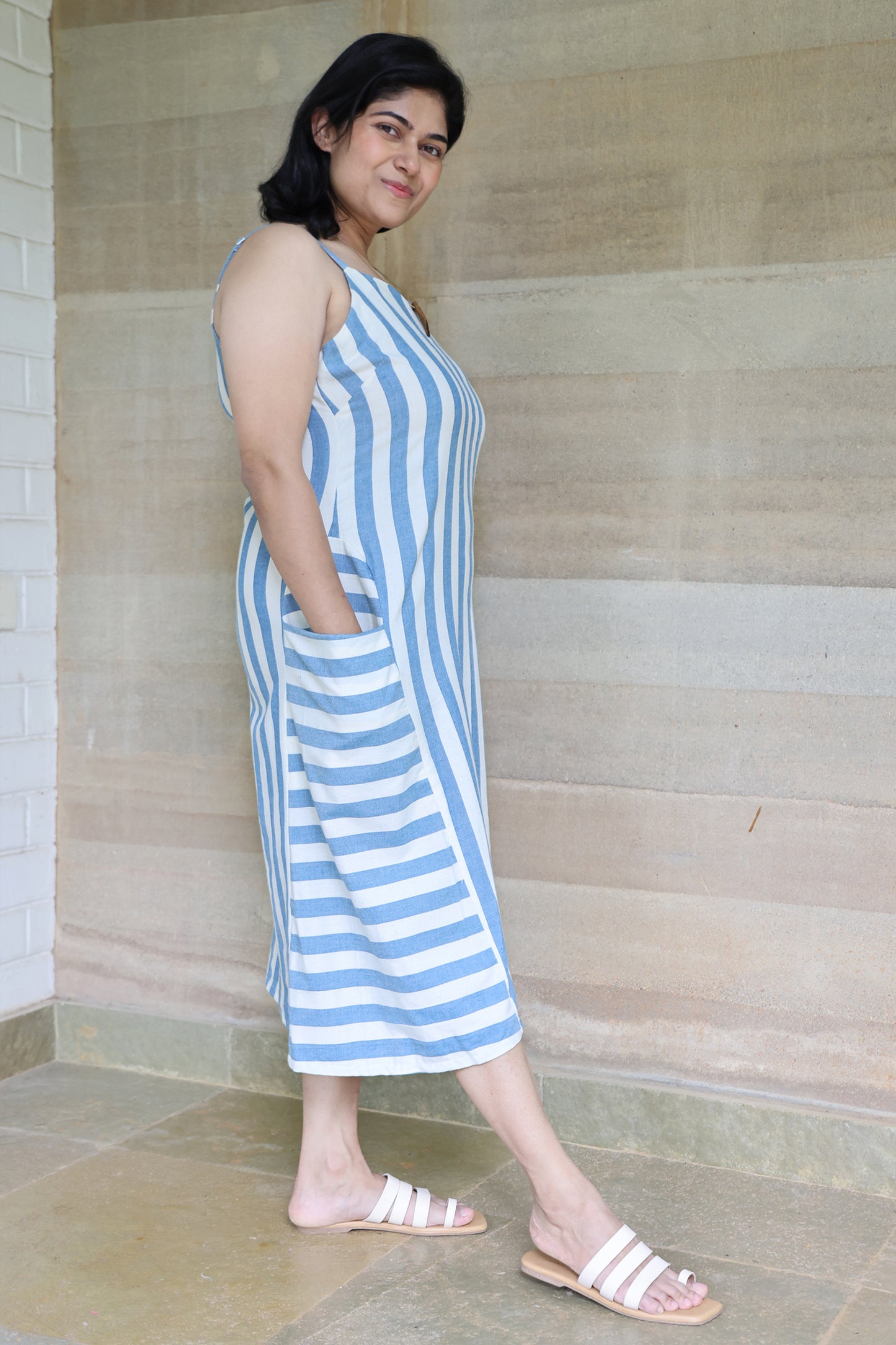 Off White and Light Blue Striped Godet Dress