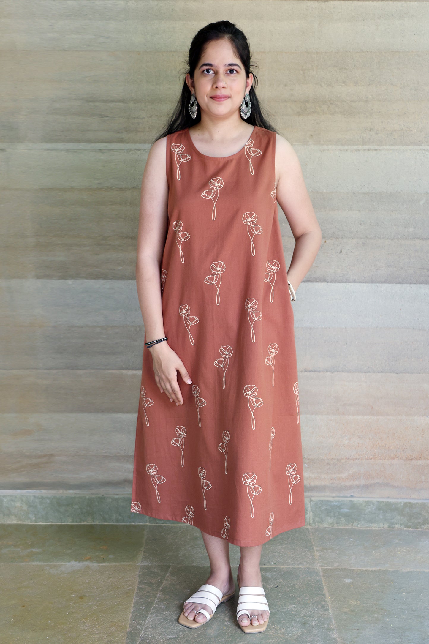 Brown Botanical Printed Sleeveless Maxi Dress