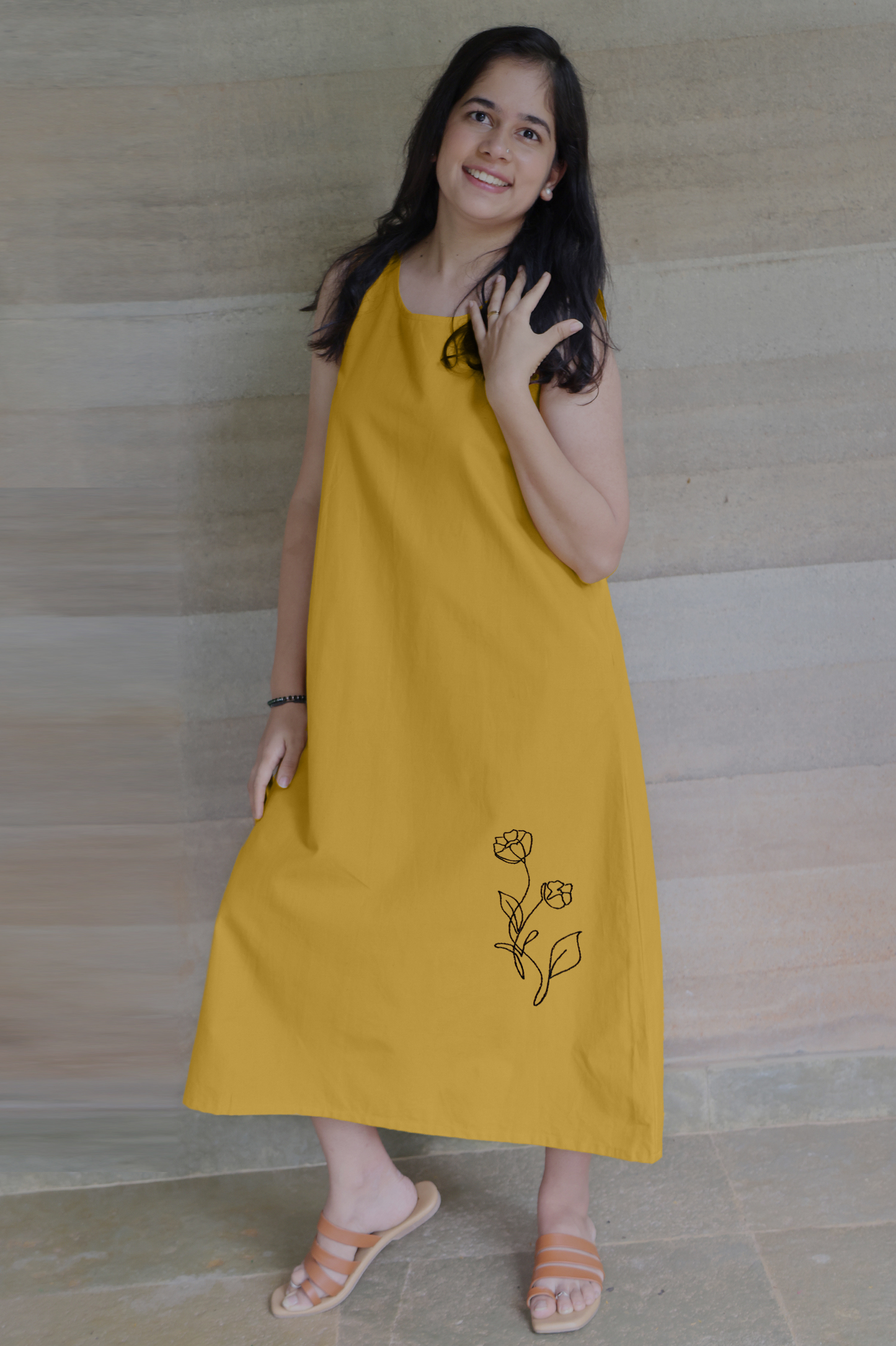Ochre Yellow Sleeveless Maxi Dress with Embroidery