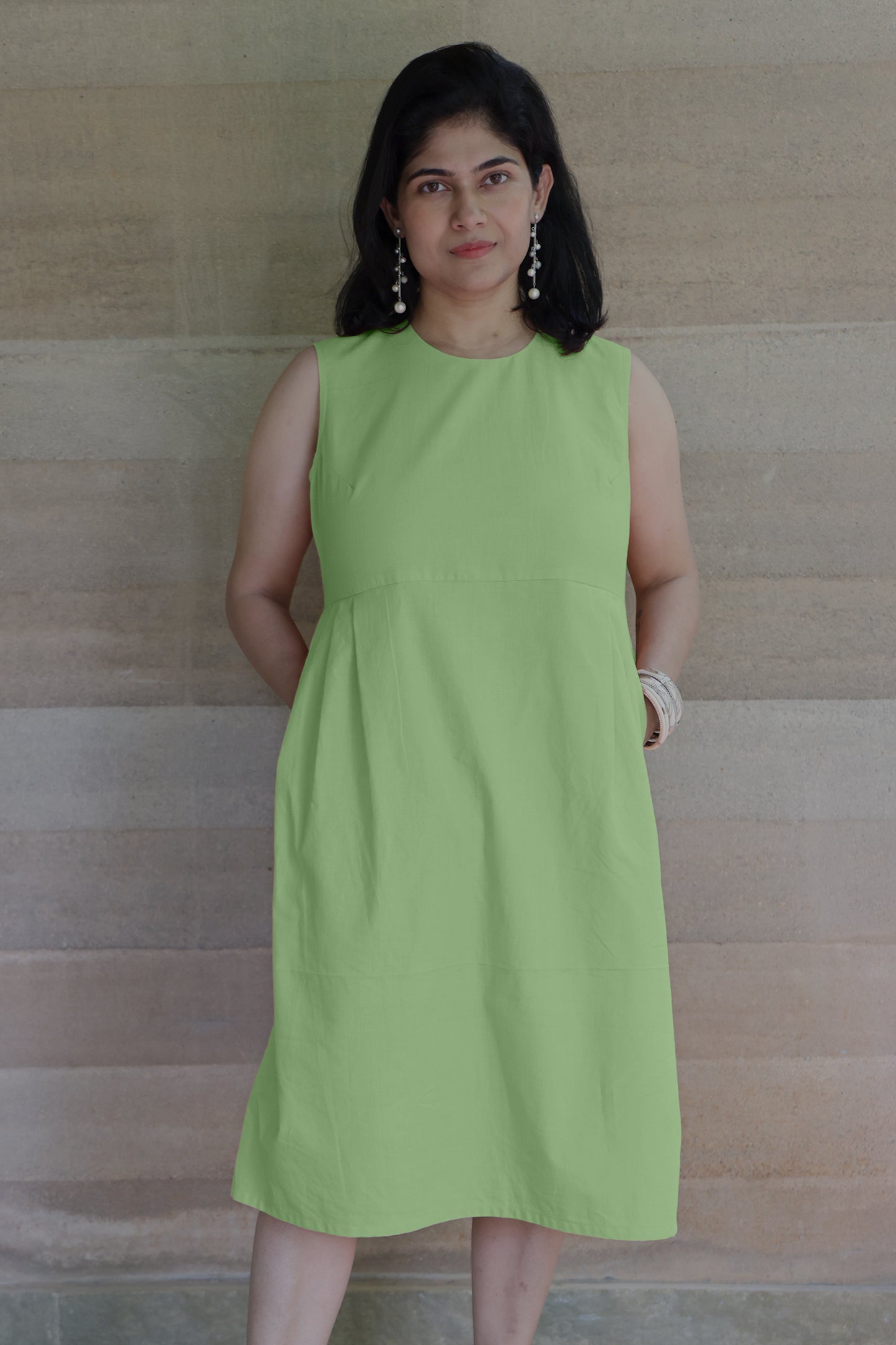 Round Neck Sleeveless Pleated Sage Green Dress