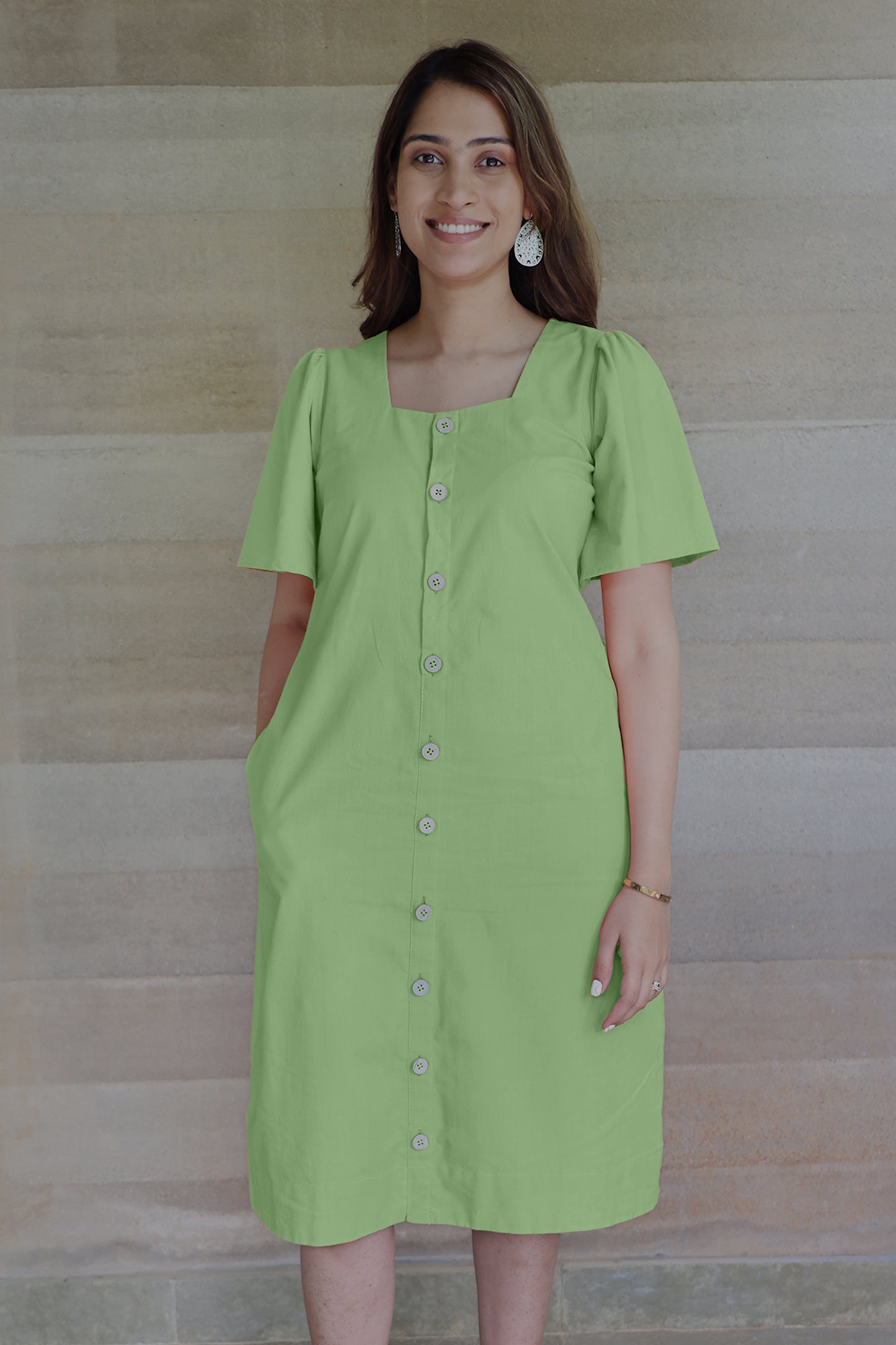 Square Neck A Line Dress in Monotone Solid Sage Green