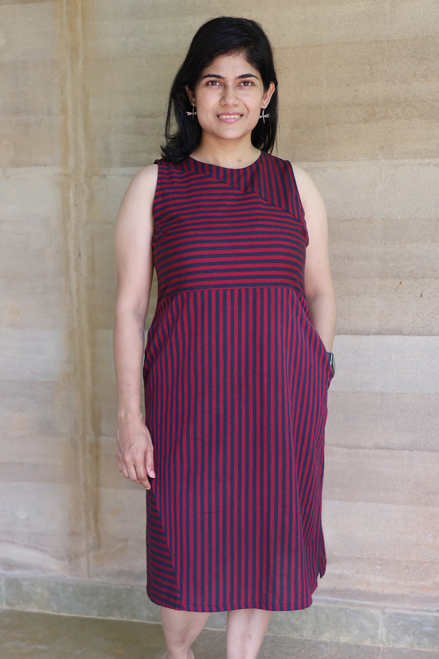 Striped Sleeveless Boat Neck Dress in Navy Blue and Viva Magenta
