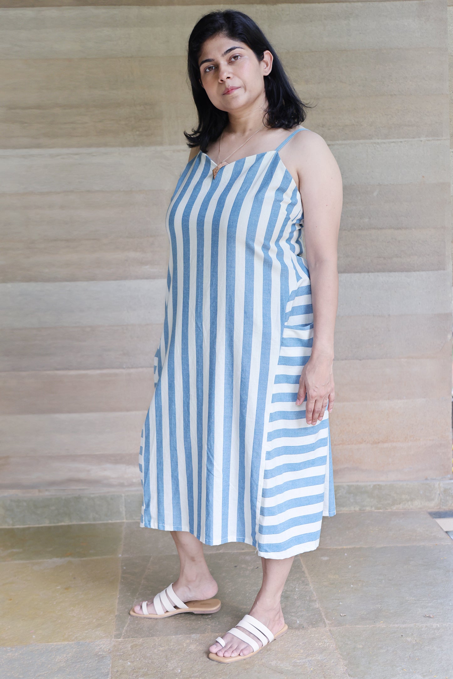 Off White and Light Blue Striped Godet Dress