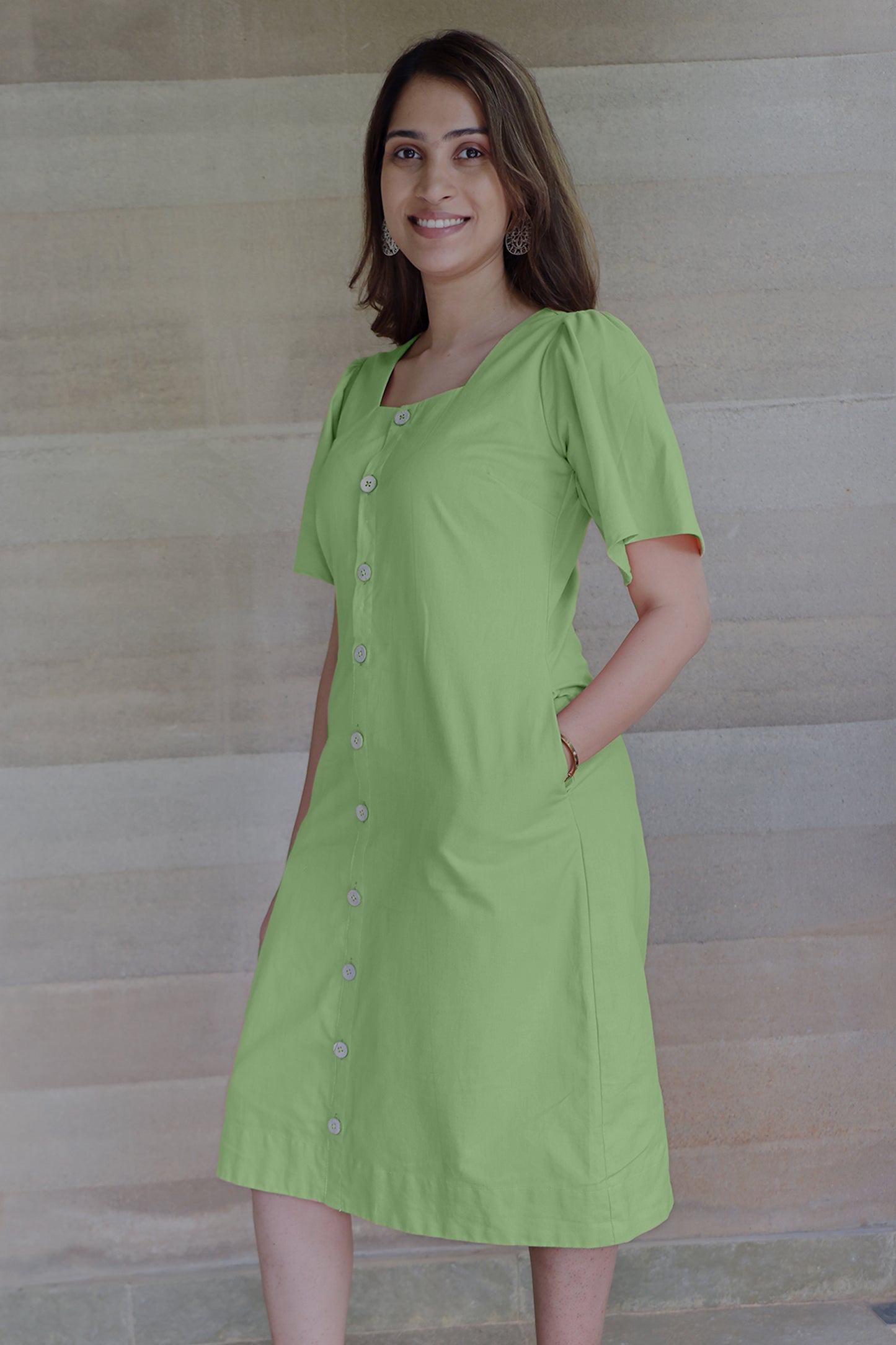 Square Neck A Line Dress in Monotone Solid Sage Green