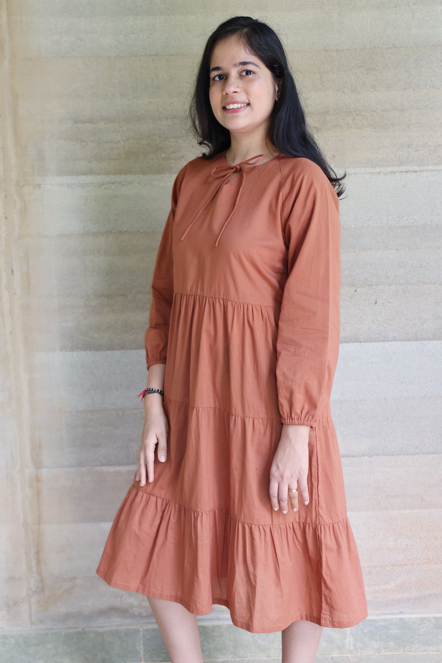 Tiered fine Cotton Brown Dress