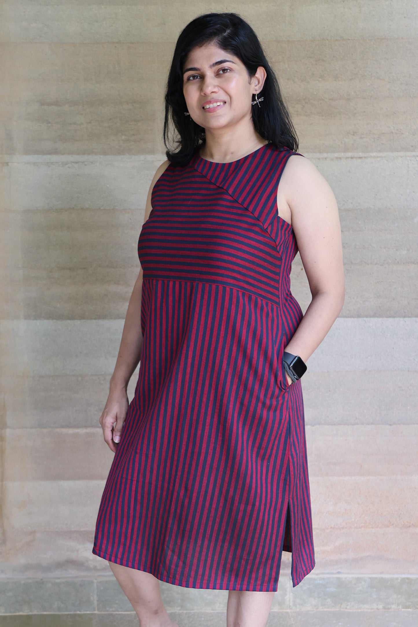 Striped Sleeveless Boat Neck Dress in Navy Blue and Viva Magenta