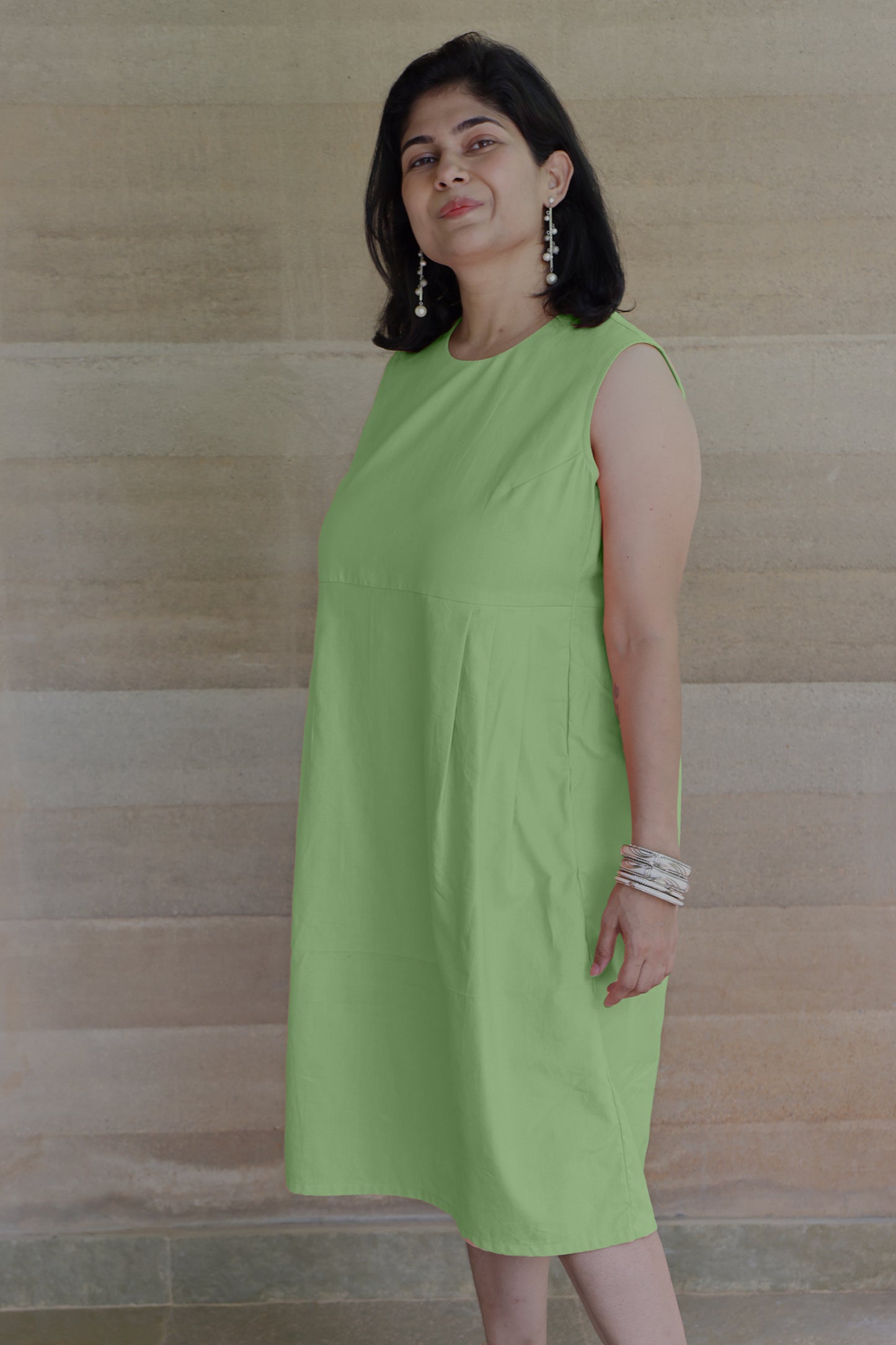 Round Neck Sleeveless Pleated Sage Green Dress