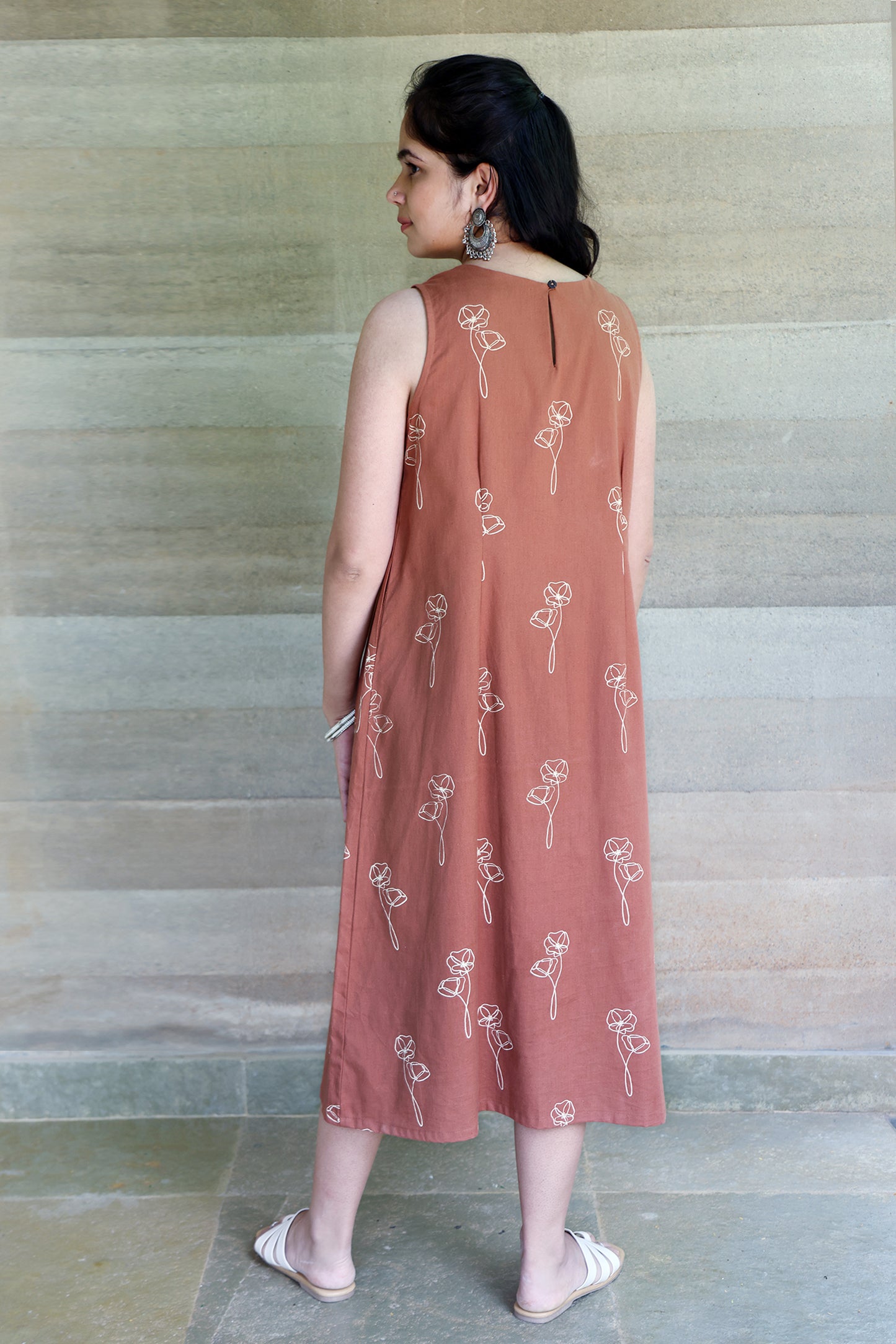 Brown Botanical Printed Sleeveless Maxi Dress
