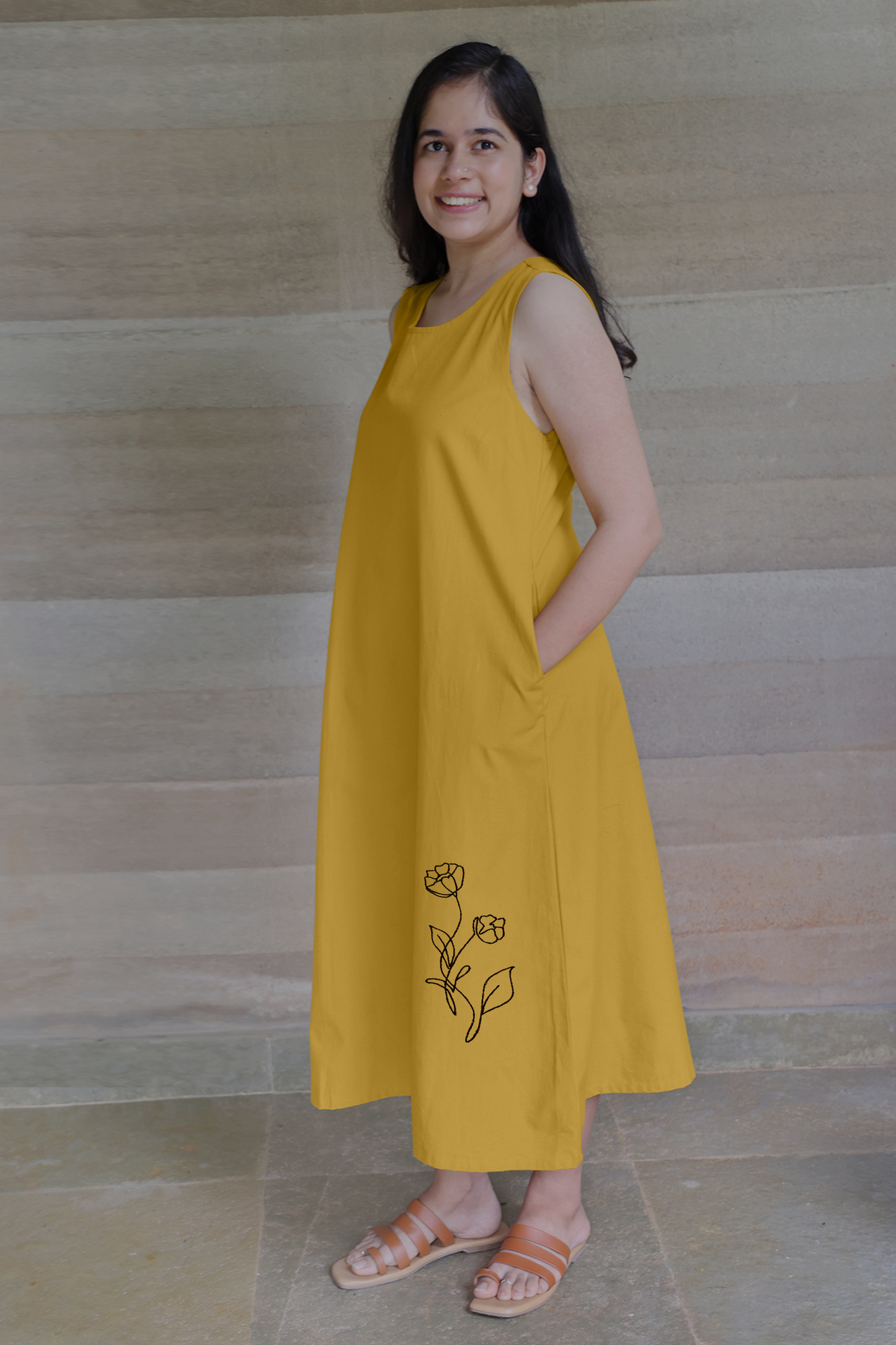 Ochre Yellow Sleeveless Maxi Dress with Embroidery