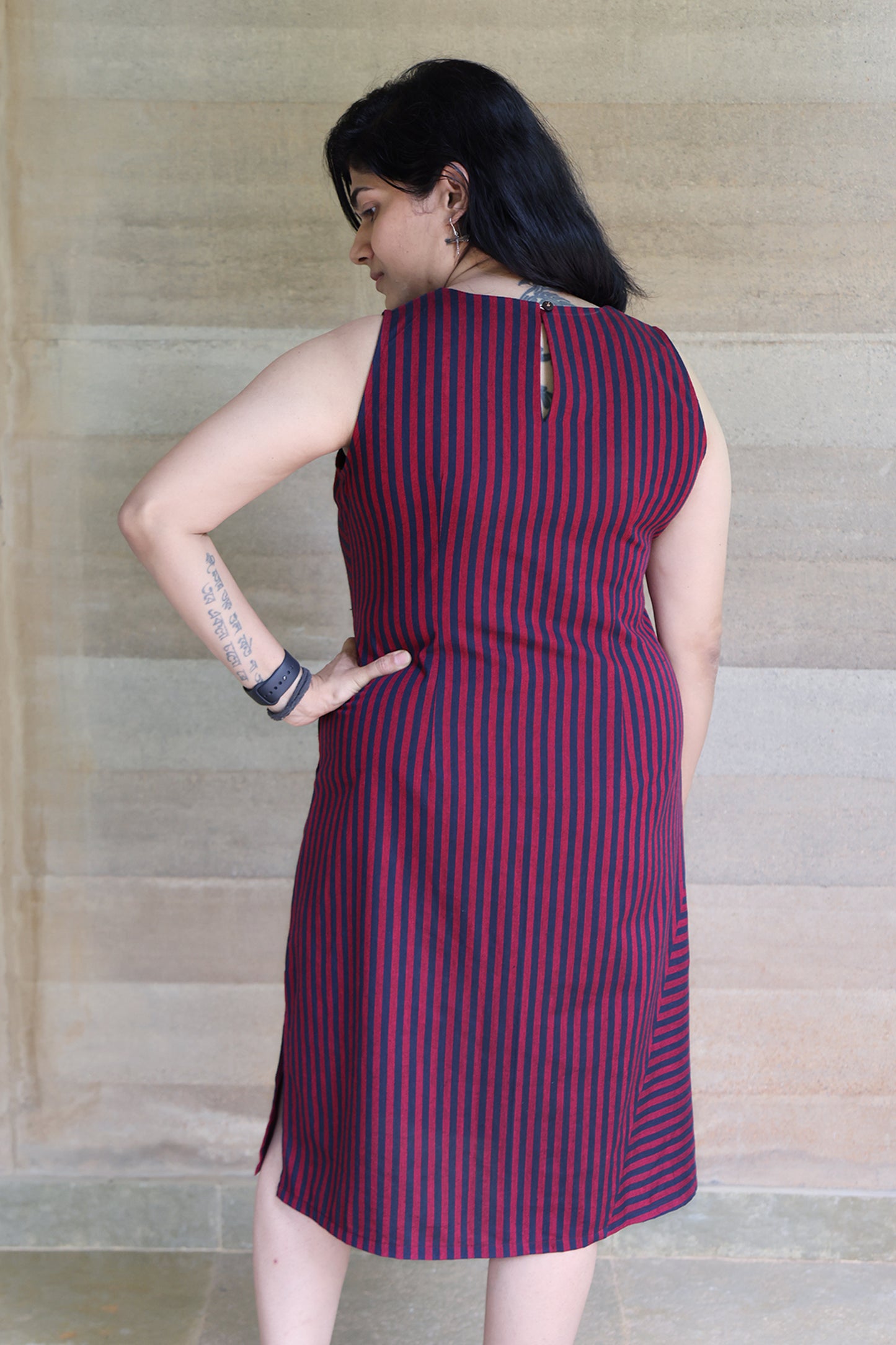 Striped Sleeveless Boat Neck Dress in Navy Blue and Viva Magenta