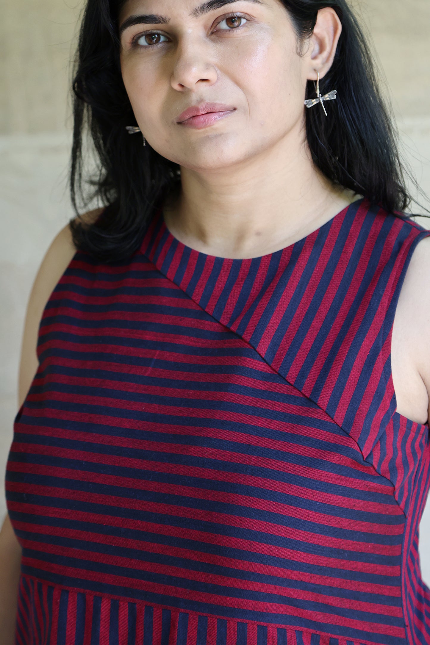 Striped Sleeveless Boat Neck Dress in Navy Blue and Viva Magenta