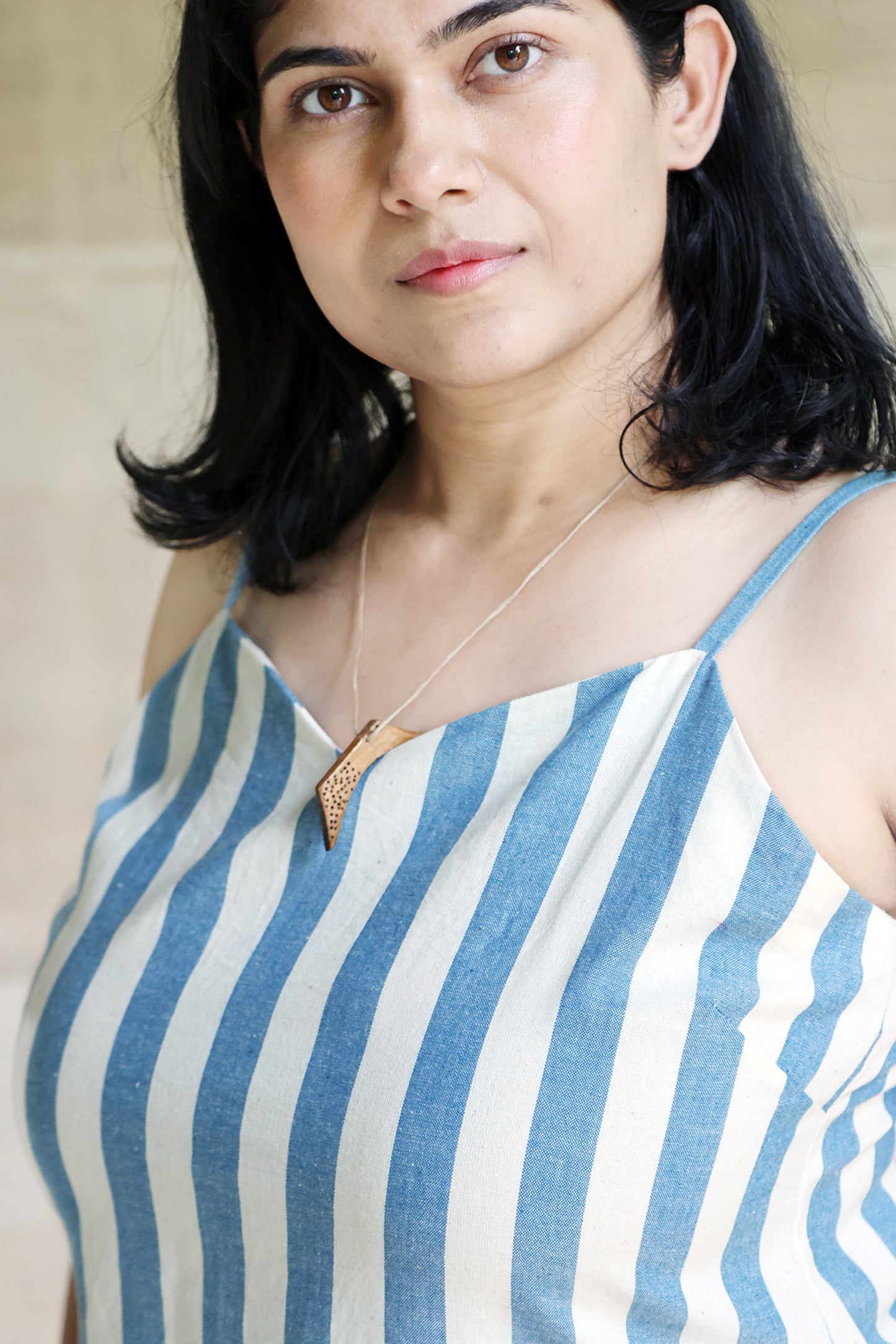 Off White and Light Blue Striped Godet Dress