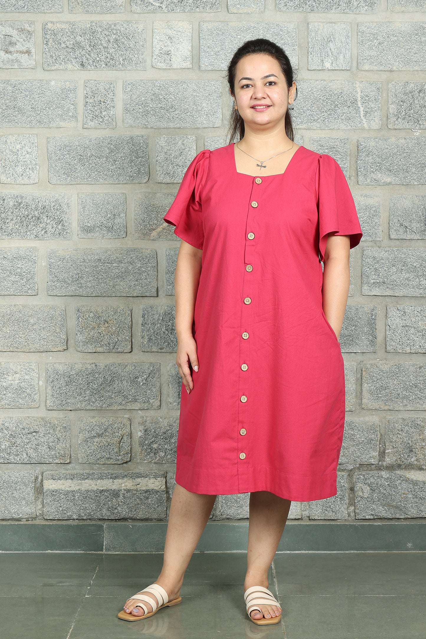 Square Neck A Line Dress in Monotone Solid Viva Magenta