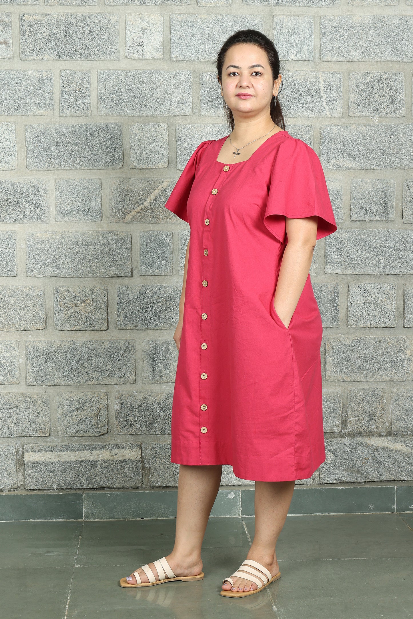 Square Neck A Line Dress in Monotone Solid Viva Magenta