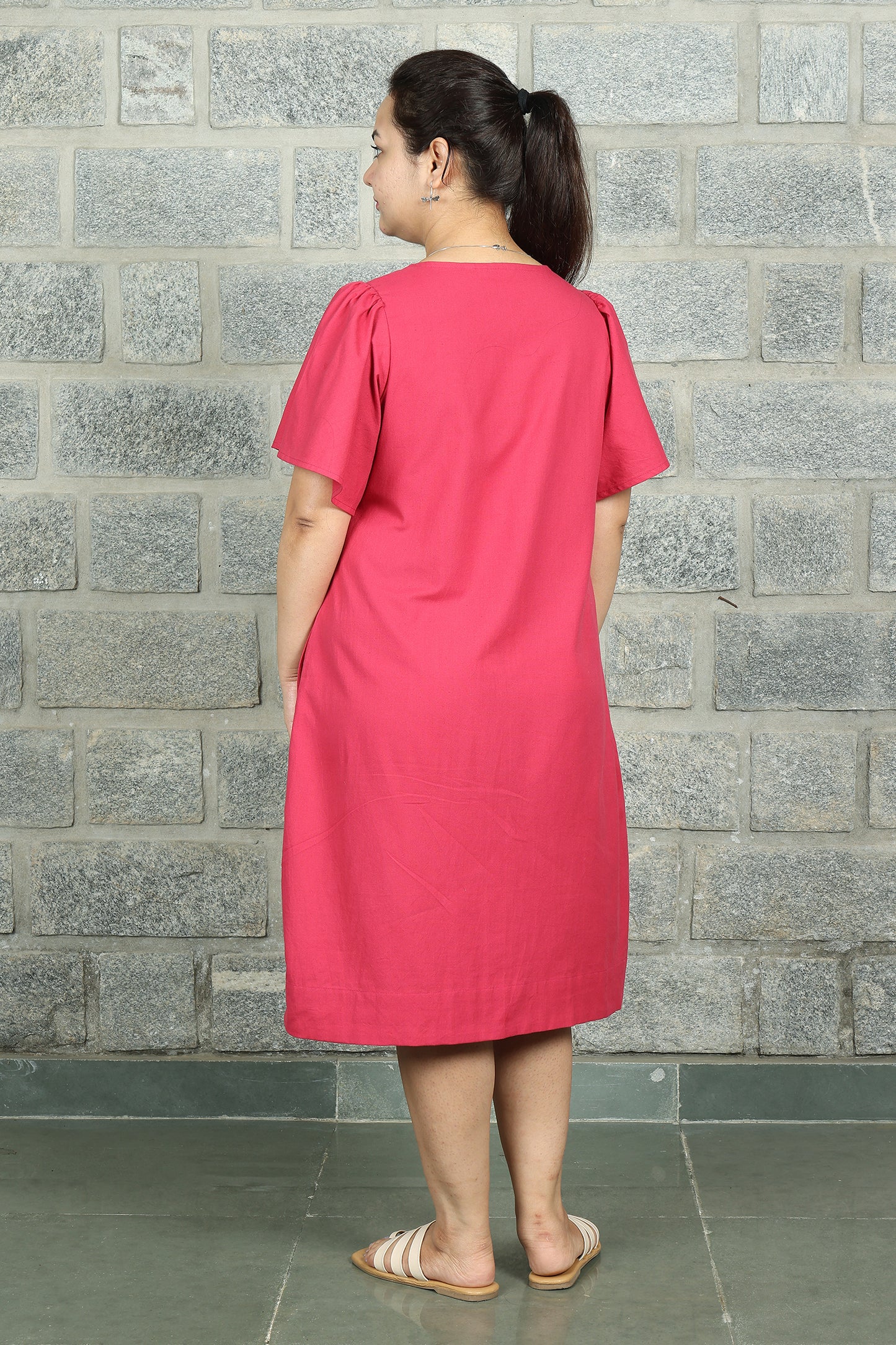 Square Neck A Line Dress in Monotone Solid Viva Magenta