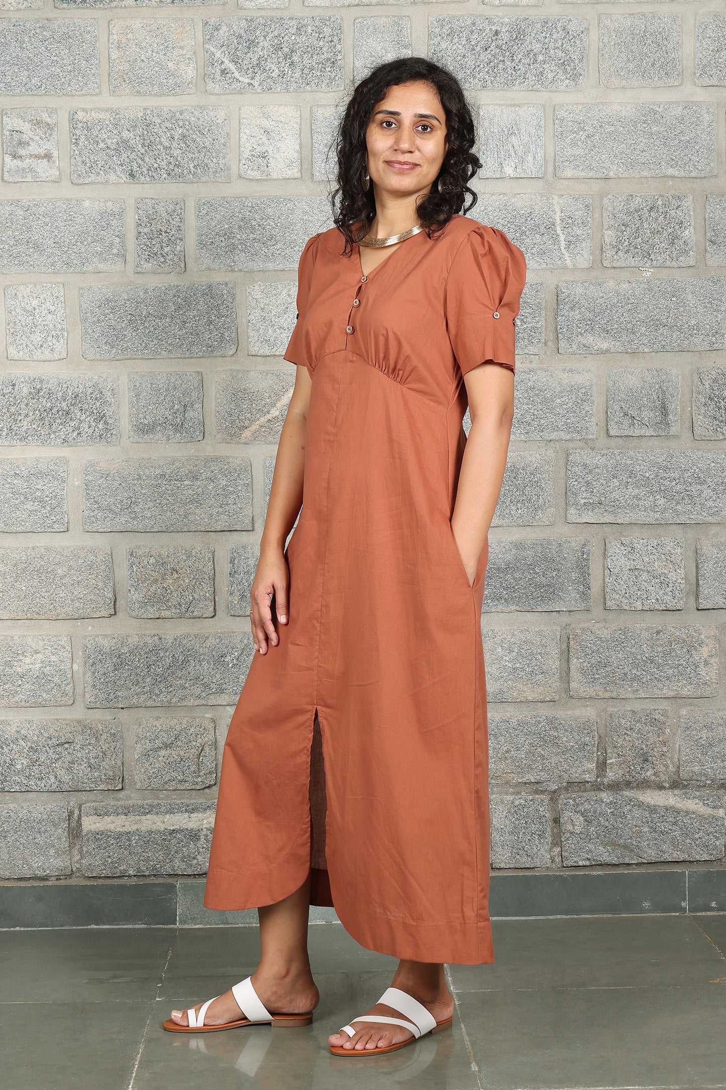 V Neck Front Slit Terra Solid Dress