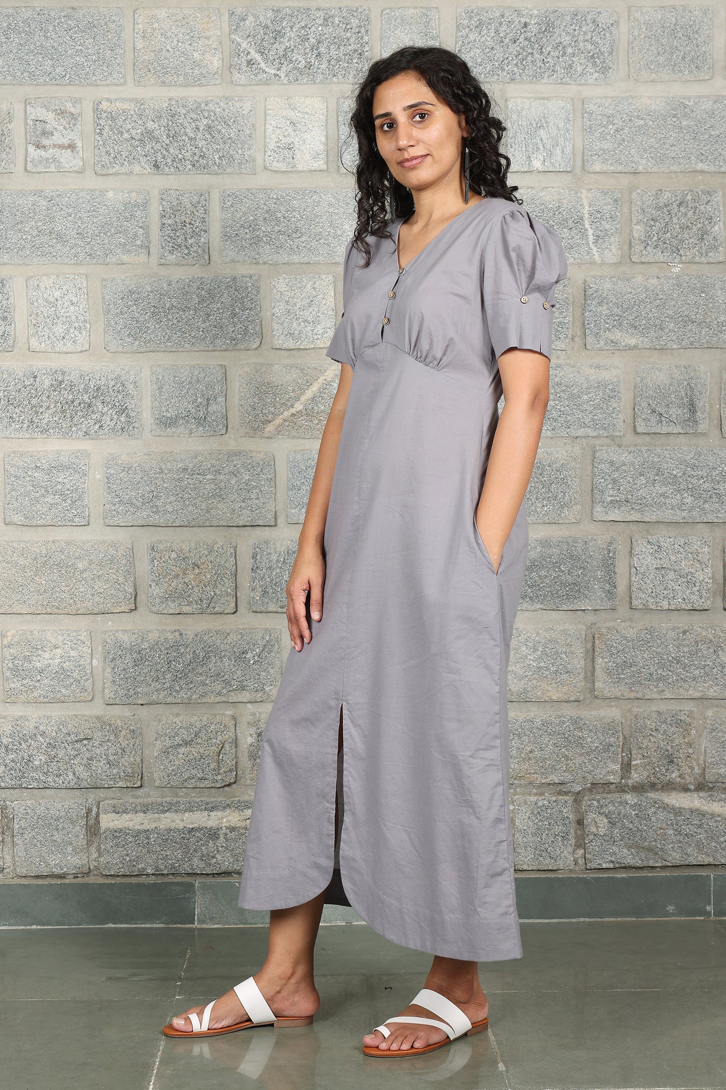 V Neck Front Slit Grey Solid Dress