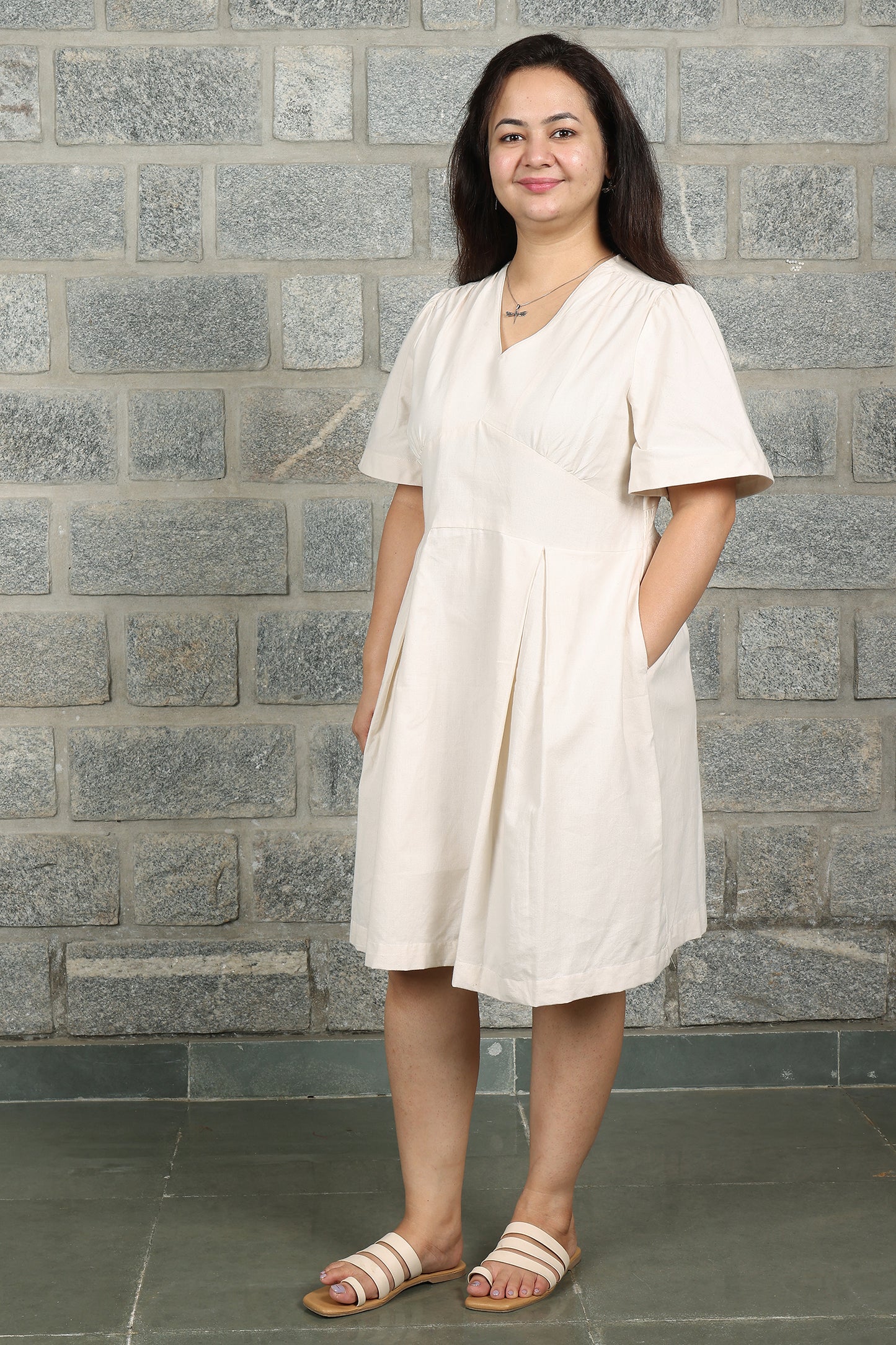 V Neck Box Pleated Off White Dress