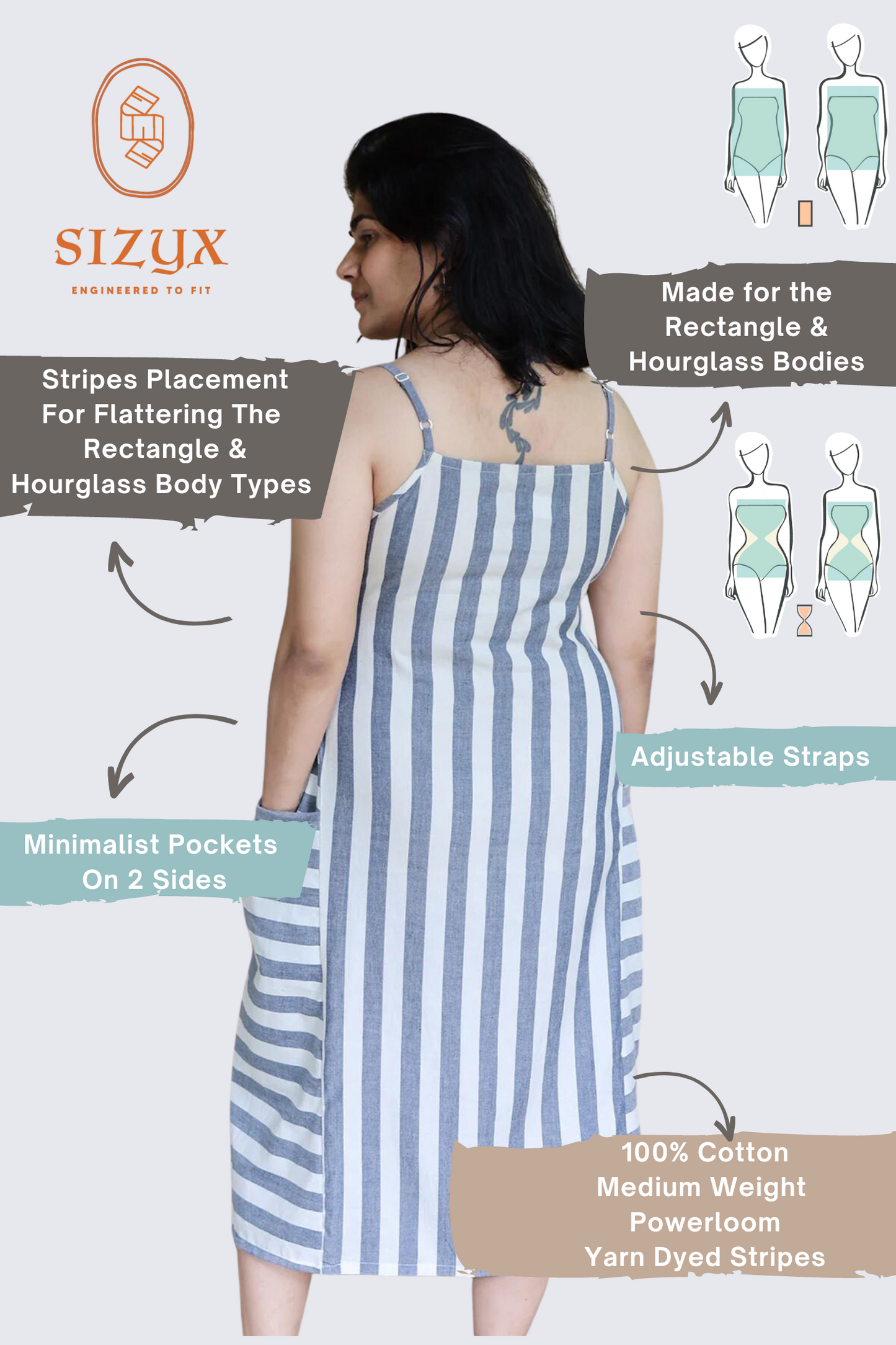 Off White and Indigo Striped Godet Dress