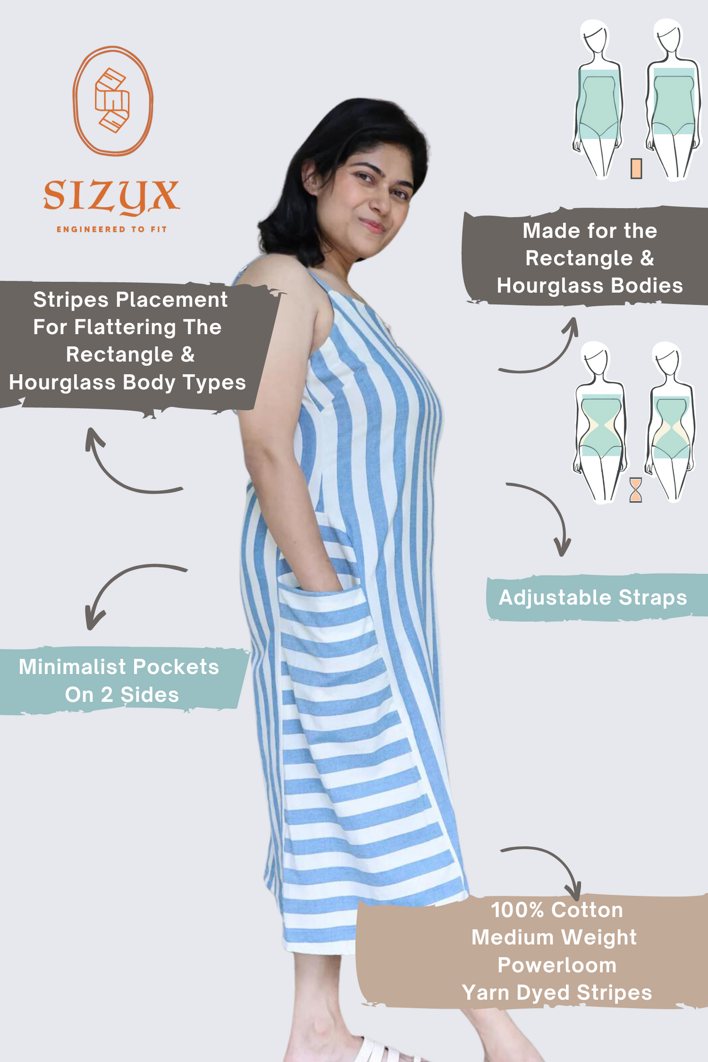 Off White and Light Blue Striped Godet Dress