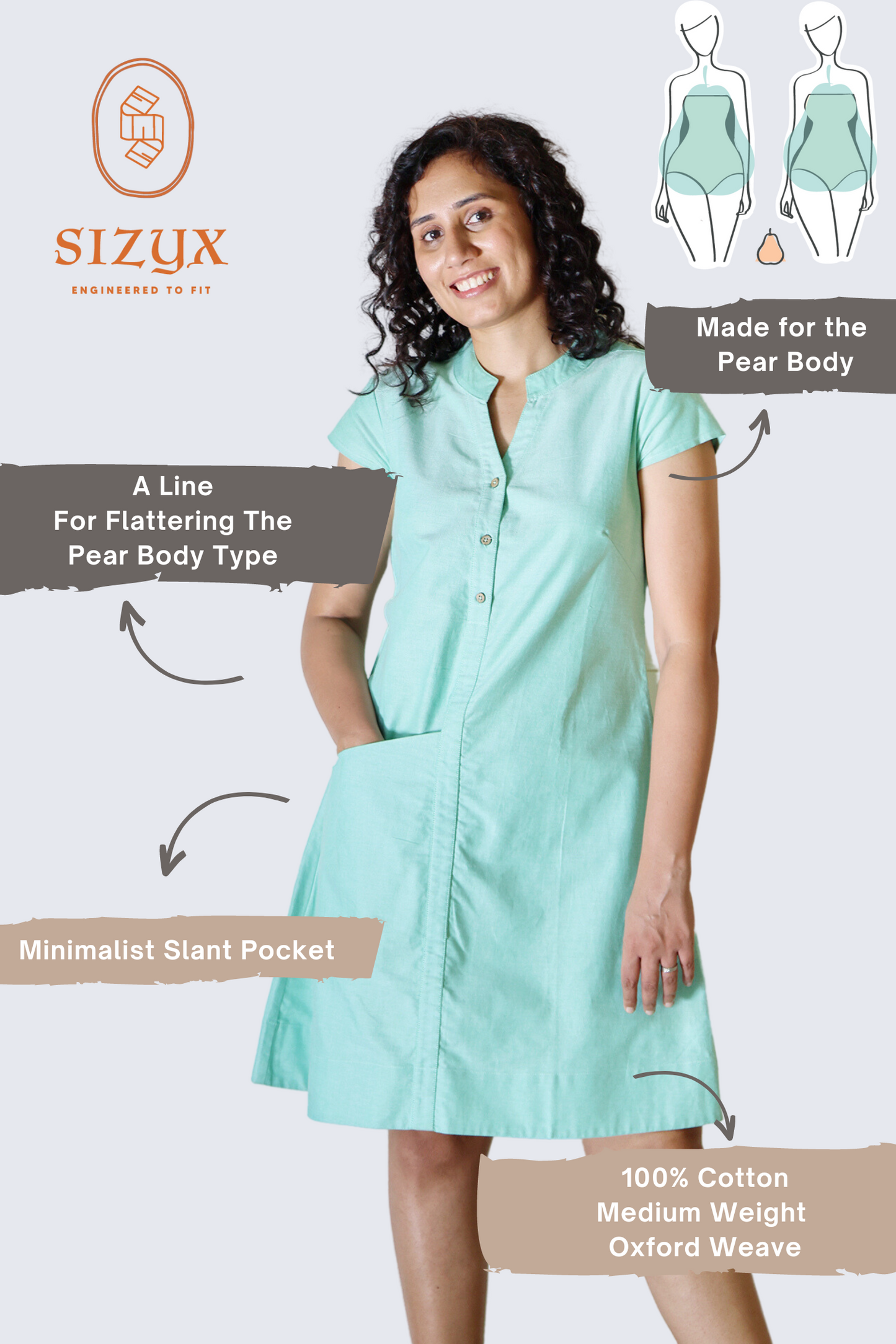 Mandarin Collar A Line Green Oxford Dress