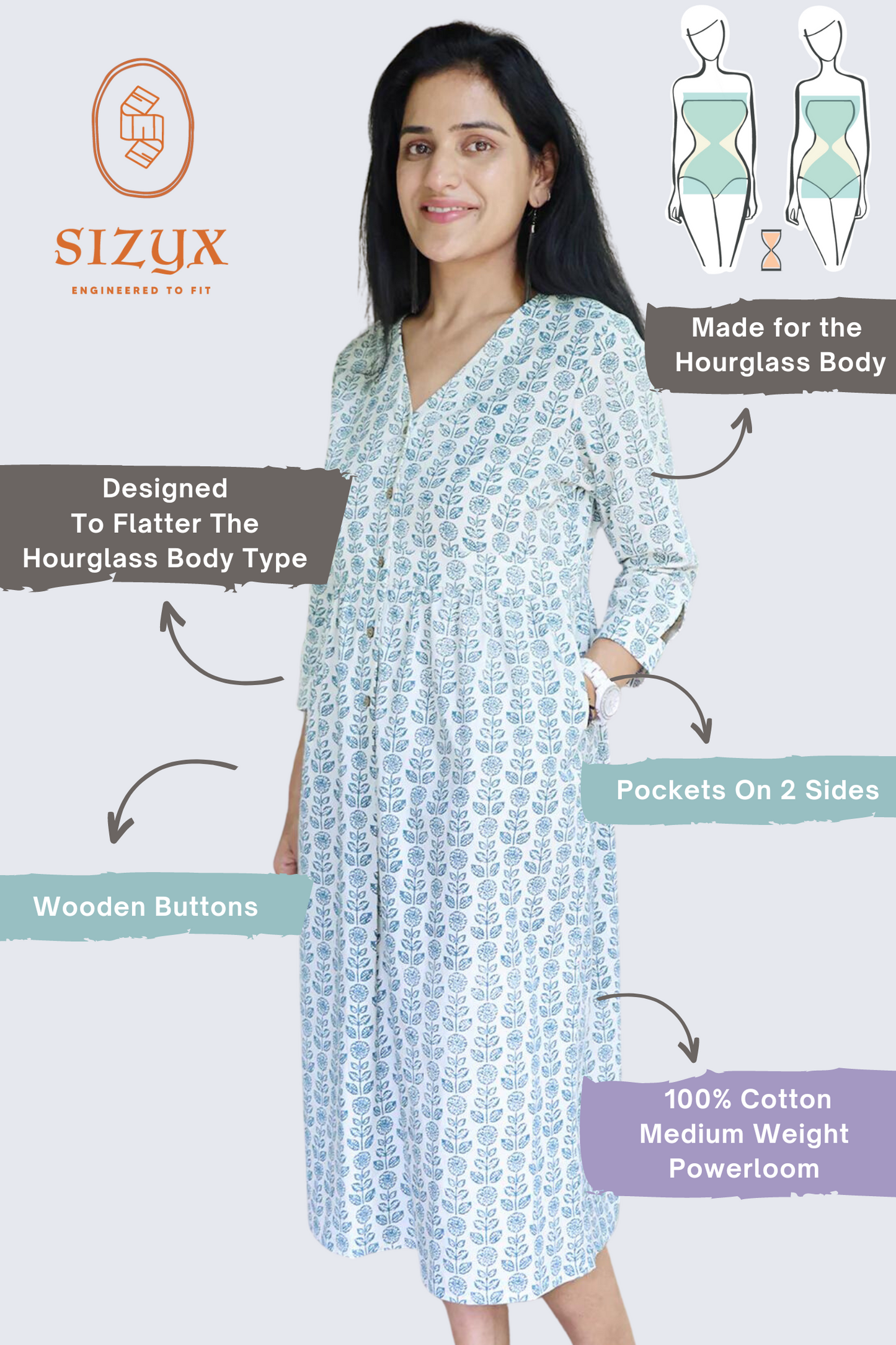 Off white and Teal Printed Midi Dress with a Triangle Cut on the Sleeve Cuff