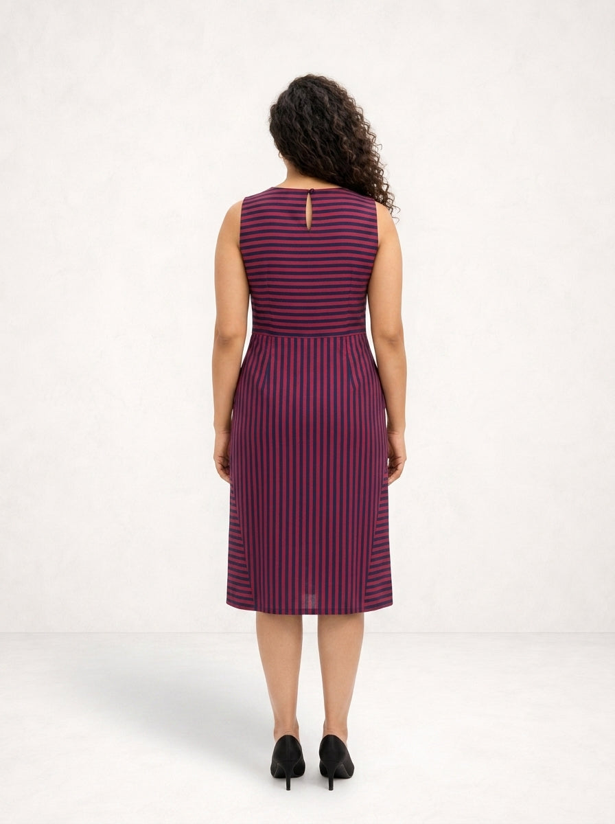 Striped Sleeveless Boat Neck Dress in Navy Blue and Viva Magenta