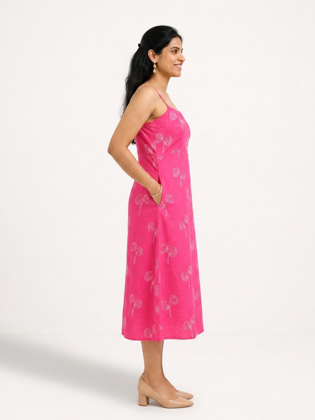 Strapped Midi Viva Magenta and Off White Botanical Printed Dress