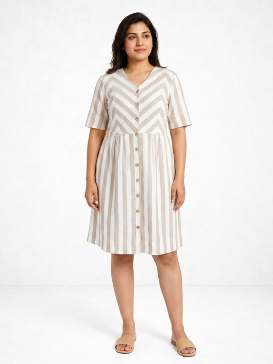 Zigzagged Striped V Neck Off White and Light Brown Dress