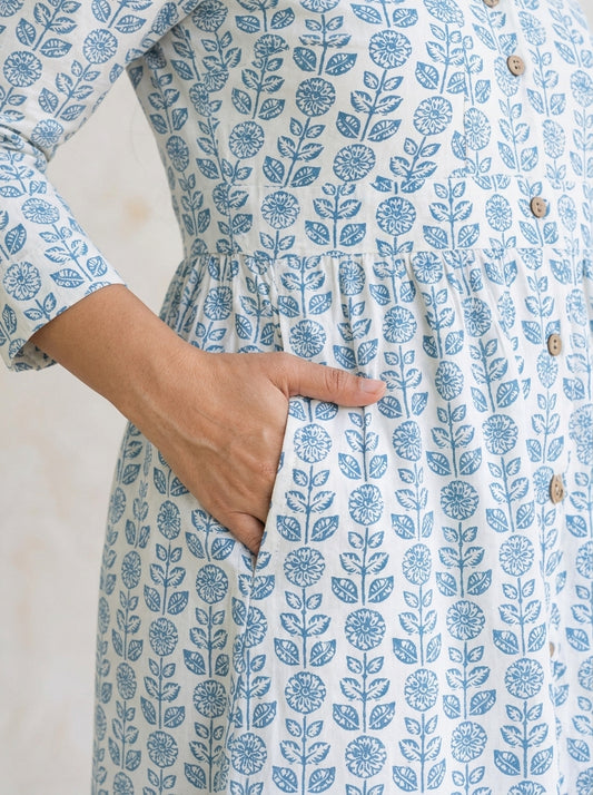 Off white and Teal Printed Midi Dress with a Triangle Cut on the Sleeve Cuff