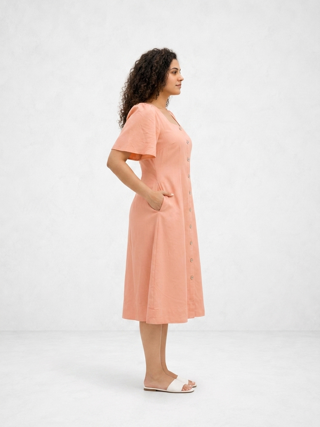Square Neck A Line Dress in Monotone Solid Peach