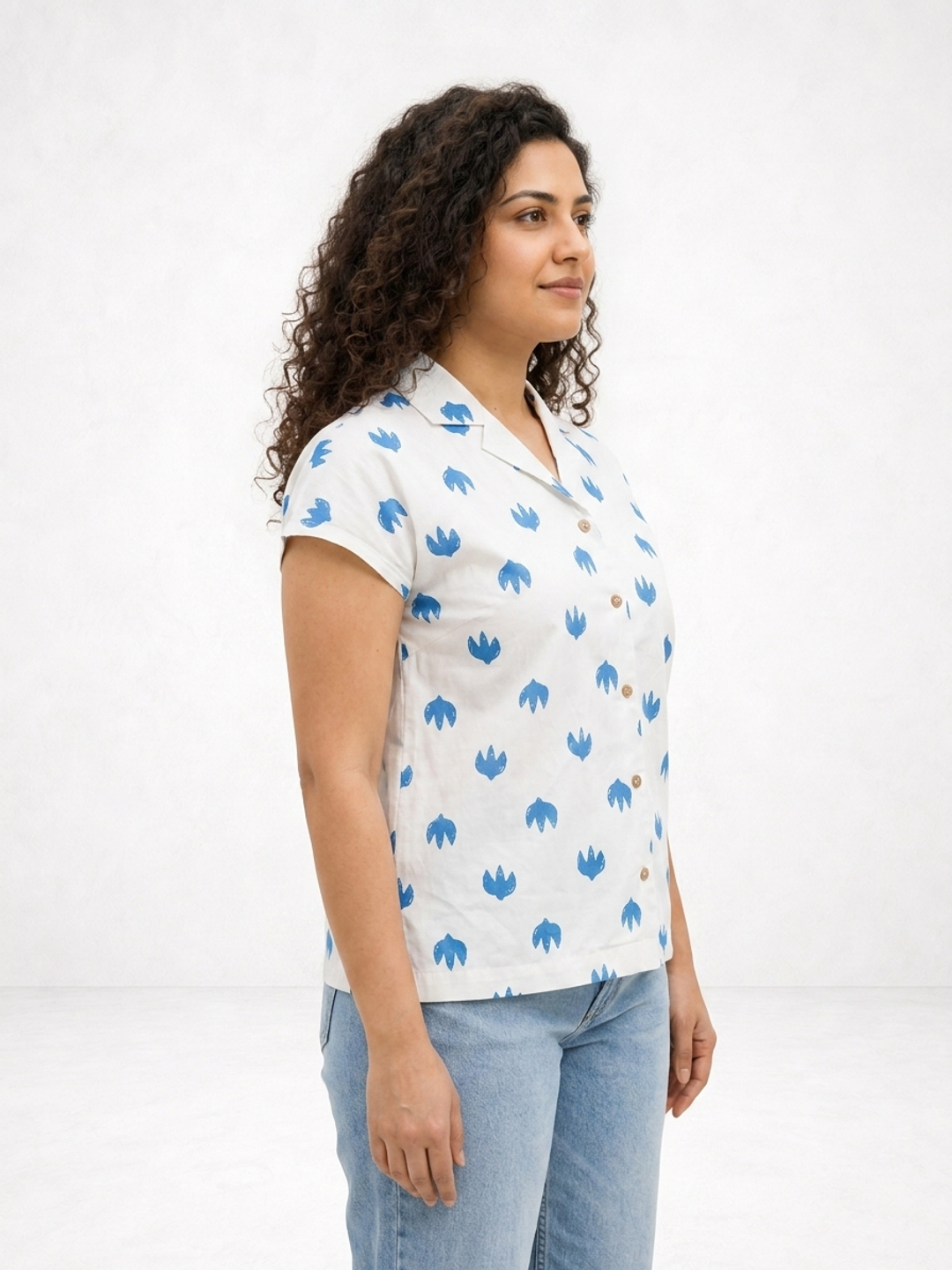 Blue and White Leaf Trio Notch Collar Shirt