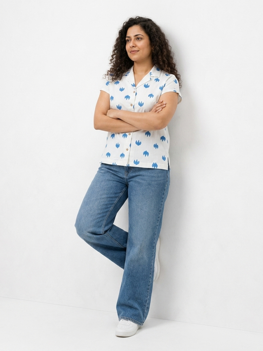 Blue and White Leaf Trio Notch Collar Shirt