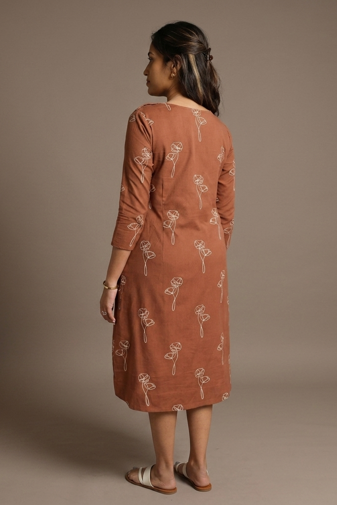 Brown Printed Pure Cotton Midi Dress