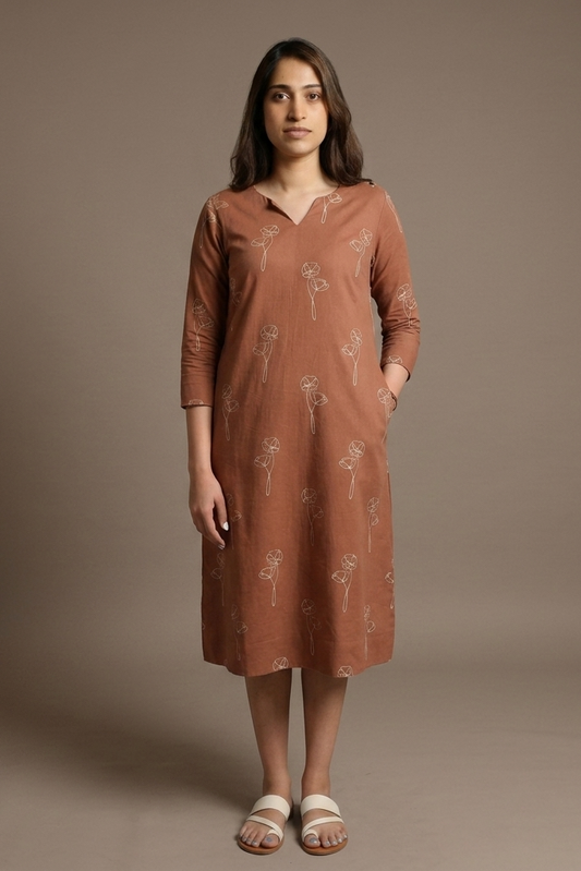 Brown Printed Pure Cotton Midi Dress