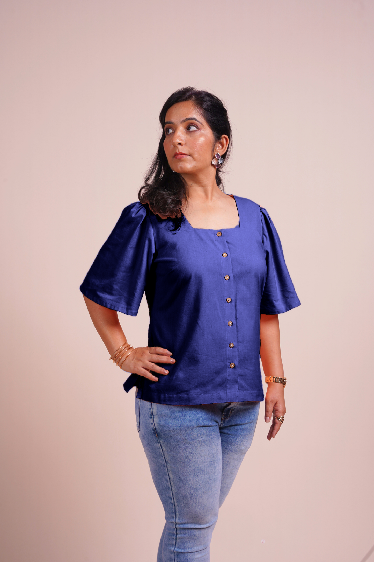 Navy Flared Sleeve Charm Top