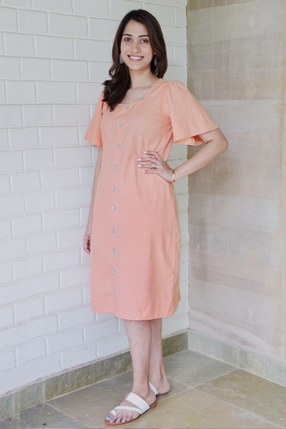 Square Neck A Line Dress in Monotone Solid Peach