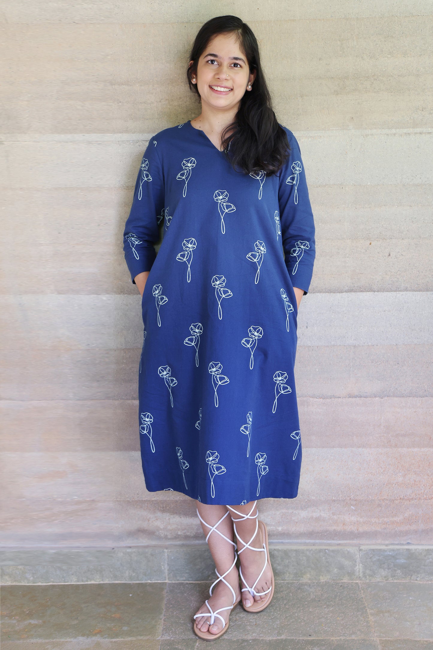 Indigo Blue Printed Pure Cotton Midi Dress