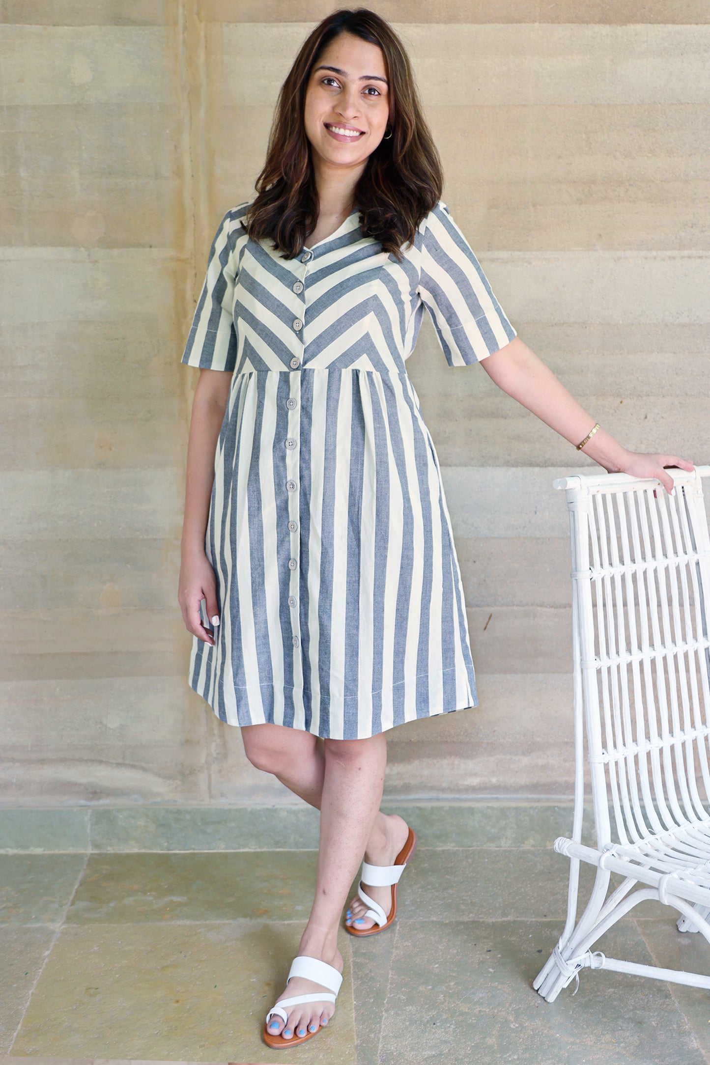 Zigzagged Striped V Neck Off White and Indigo Dress