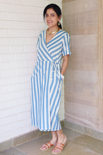 Striped Half Sleeved Wrap Around Dress in Off White and Light Blue