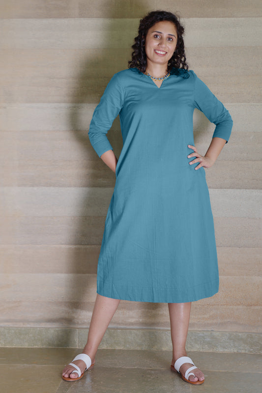 Teal Blue Light weight pure cotton Kurta Midi Dress