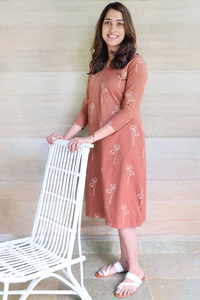 Brown Printed Pure Cotton Midi Dress