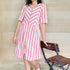 Zigzagged Striped V Neck Off White and Red Dress