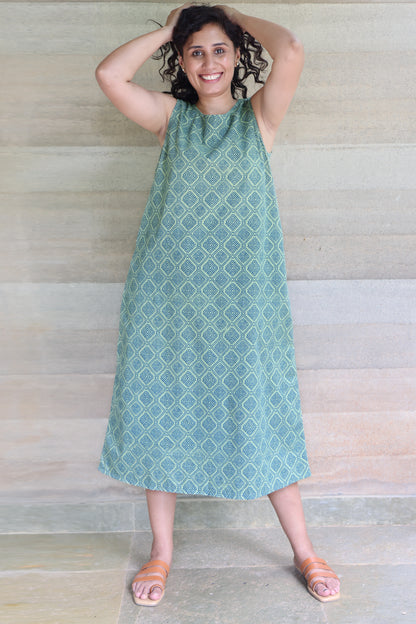 Green and Blue Geometrical Printed Sleeveless Maxi Dress